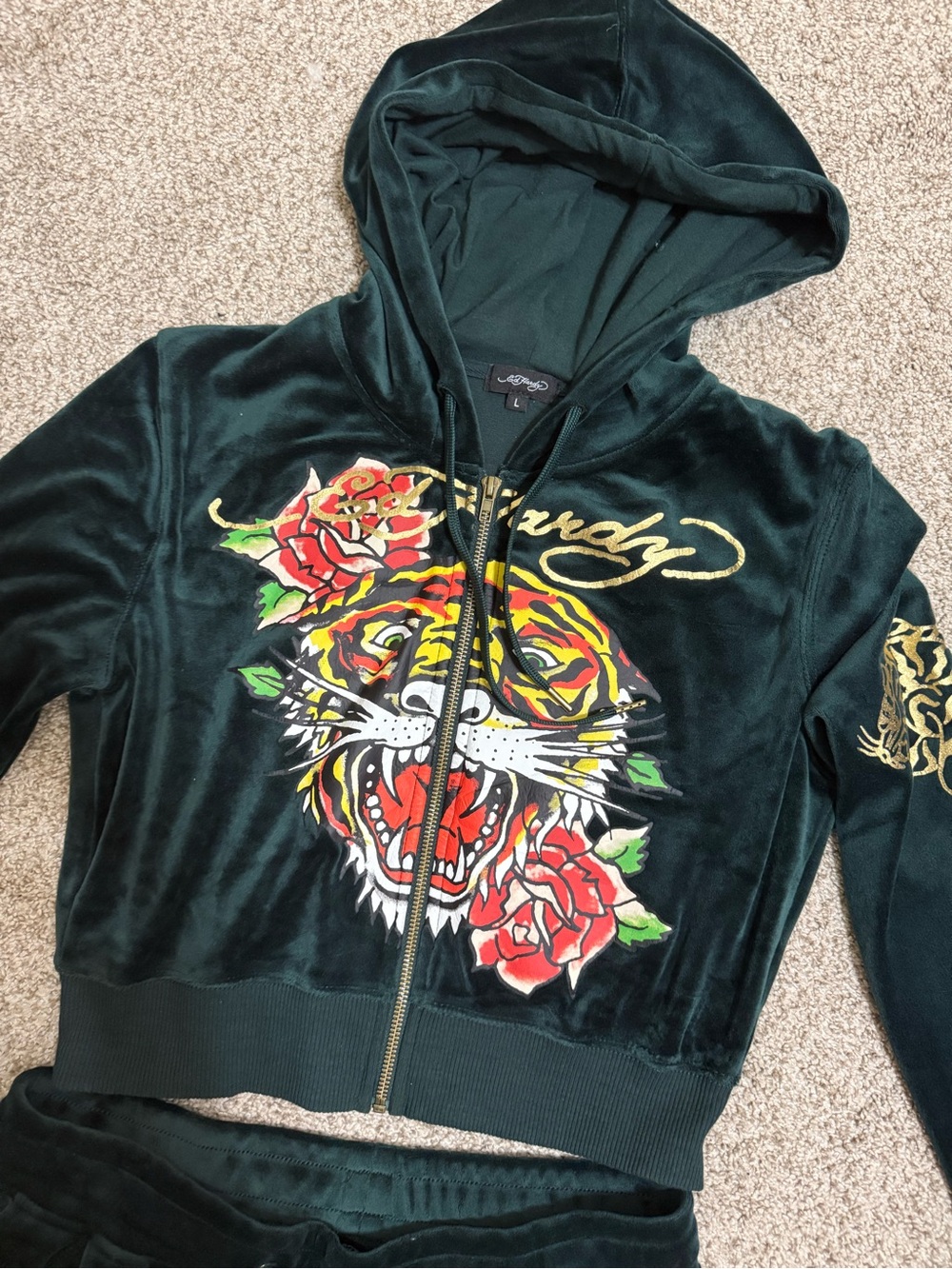 Ed Hardy Green Velvet Velour Tiger Zip Hoodie & Pant Set - Picture 3 of 11